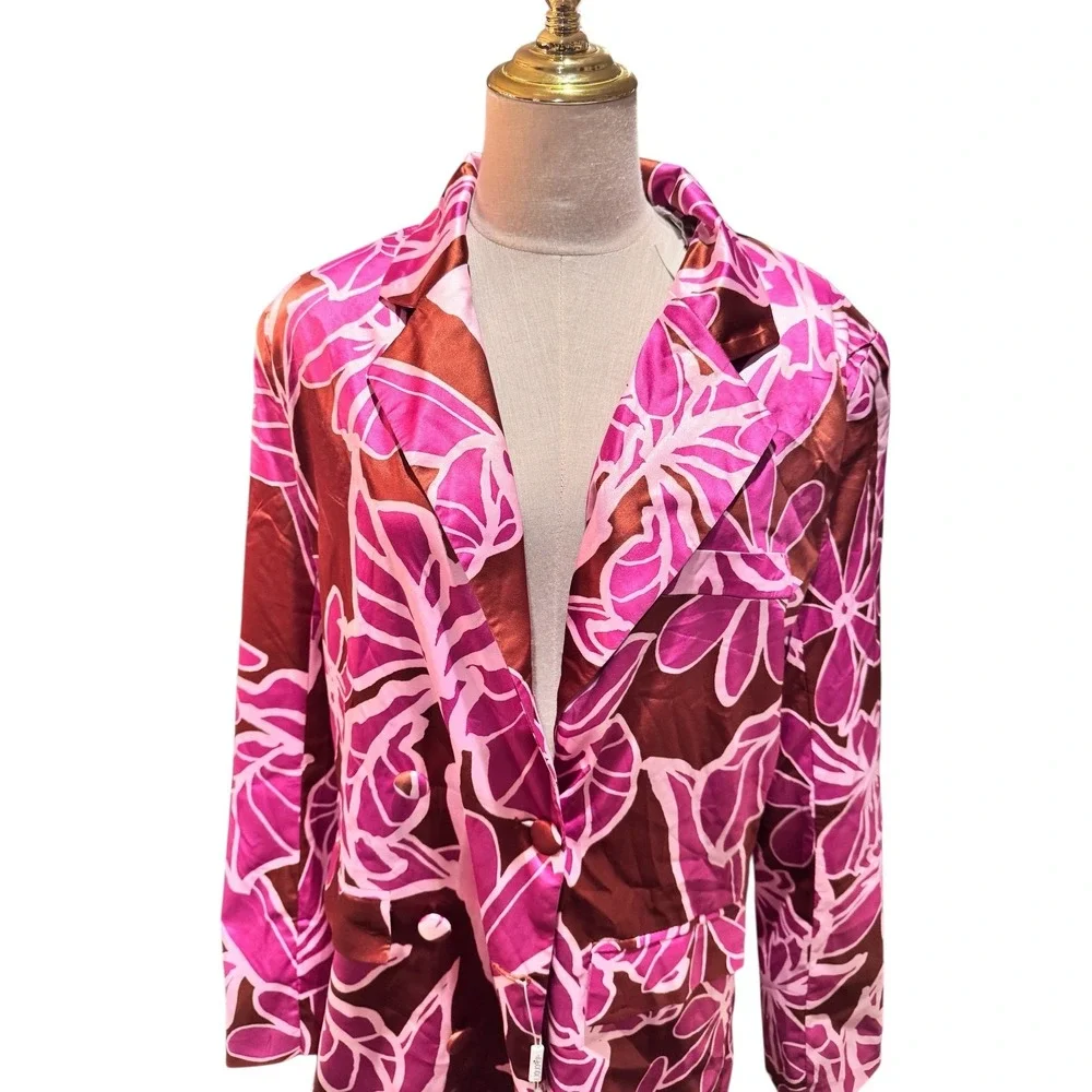 LIQUORISH Floral Print Blazer Jacket Wide Leg Pants Set Brown Pink‎ Size US 8